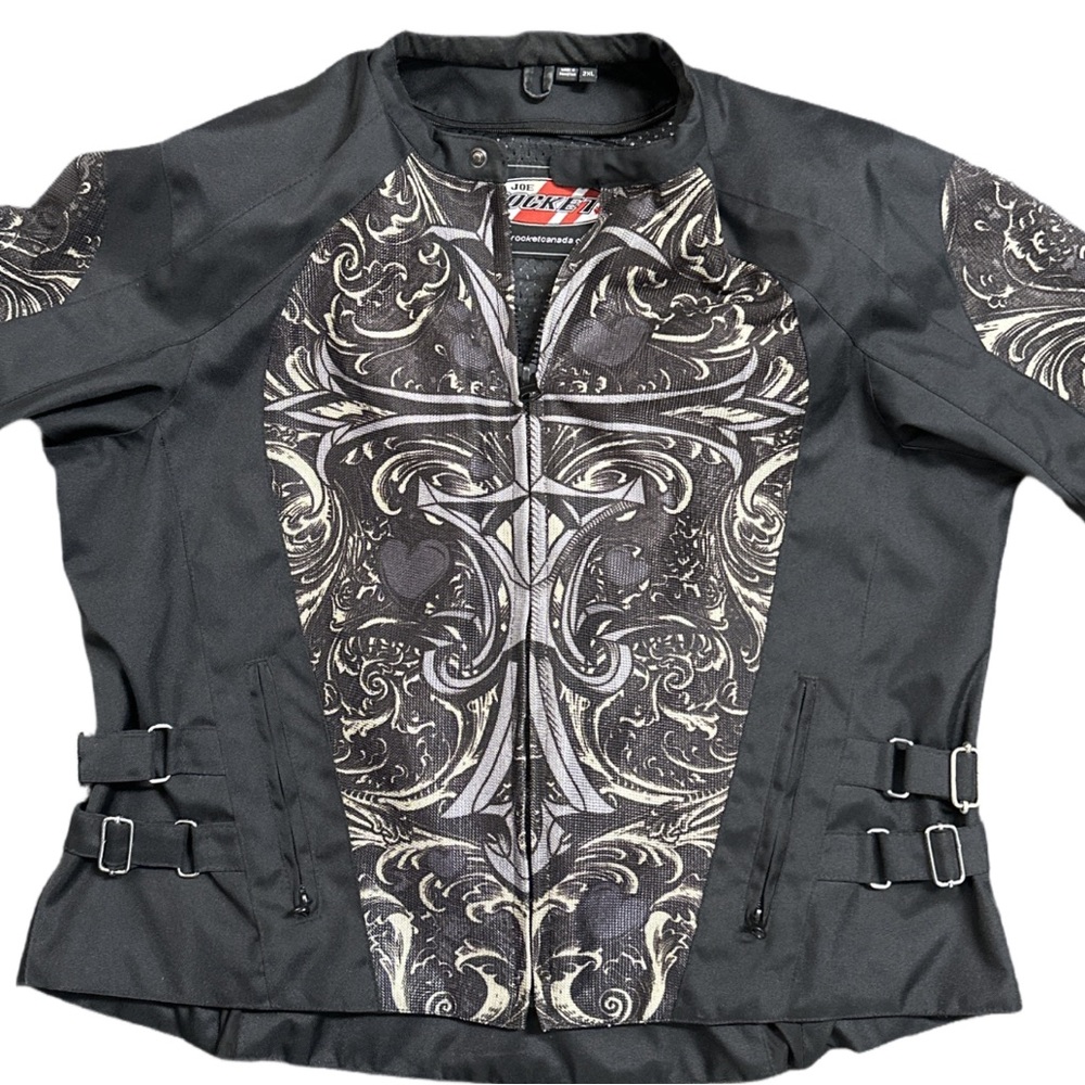 JOE ROCKET unisex mesh gothic cross affliction style padded biker jacket, 2XL.